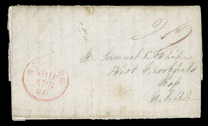 [Oregon Missionary Mail via Hawaii] folded letter from Sarah Smith datelined Clear Water Nez Perces Mission Oregon Ter Sept 6 1839 to West Brookfield, Mass., carried via the
Sandwich Islands and endorsed Recd Honolulu, Sand. Islds. Decr 16 19