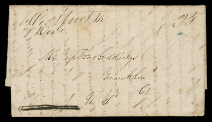 [Oregon Missions overland to Missouri] folded letter with integral address leaf to Franklin, Ct. datelined Oregon Territory, Waskopam Mission Jan 21, 1842, with directive Pr
H.B. Co. Express (Hudson Bay Company) crossed out and carried overla