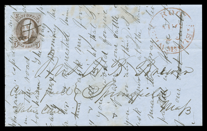 [Slavery among the Oregon Indians, Brewer] Brewer, Rev. Henry B, long four page epistle written by Rev. Brewer while in Oregon in September of 1845, and mailed in 1847 or later
to Mrs. Brewer in Springfield, Mass., with 5c Red brown (1), four ge