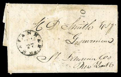 [The Whitman Massacre] Remarkable content letter, with integral postmarked address leaf, from Rev. Harry Clark at Tualatin Plains, Oregon Territory, to Isaac Smith in
Gouverneur, NY, April 8, 1848. He tells of the massacre by Native Americans of