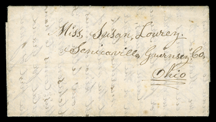 [Fort Kearney, Oregon Trail] folded letter with integral address leaf datelined Fort Kearney March 31st 48 and carried out of the mails to Senicaville, Ohio, very fine.James C.
Lourey writes his sister: …I am a volunteer in Capt Stuards (Stu