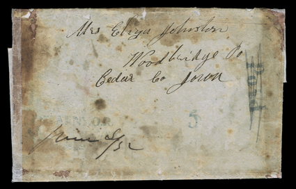 [Fort Kearny Oregon Route] light but readable ornate Ft Kearny O.R. handstamp with spread eagle, stars and leaves in blue with matching Paid and 5 rate and manuscript June 552
added to the postmark on folded letter with integral address