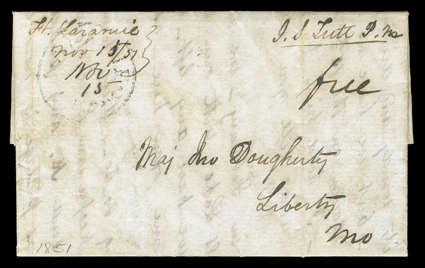 [Fort Laramie, Oregon Route] folded letter with integral address leaf with light strike of Ft. Laramie, O.R. (Oregon Route) Ty. I handstamp with manuscript Nov 15 date struck
over manuscript Ft LaramieNov 1551 manuscript postmark, with mat