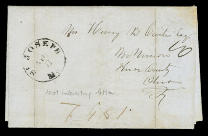 [On the Oregon Trail en route to California] folded letter with integral address leaf to Ohio datelined Platte River Ferry 125 miles from Fort Laramie, that according to the
letter, it was carried east by the Captain of the Ferry in the fall of