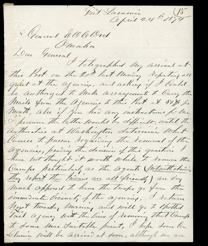 [Fort Laramie] Three items from Fort Laramie, perhaps the most important fort on the Oregon and California trails. Includes a Civil War-date document signed by John B.E.
Coulomb and approved by John G. Reeves (of the Ohio Volunteer Cavalry) regar