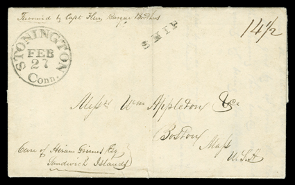 [Mexican Period - San Francisco mentions Pueblo Gold], San Francisco July 30th 1844 dateline on folded letter with integral address leaf to Boston, endorsed Forwarded by Capt.
Fluz Barque Brothers and Care of Hiram Grimes EsqSandwich Isla