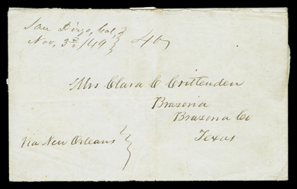 [On the Mexican Gold Trail to California] Oct 3rd 1849, I write from a Ranch 30 miles East of Pueblo los Angeles the first line of a Crittenden correspondence folded letter
with integral address leaf to Brazoria, Texas, entered the mails with <