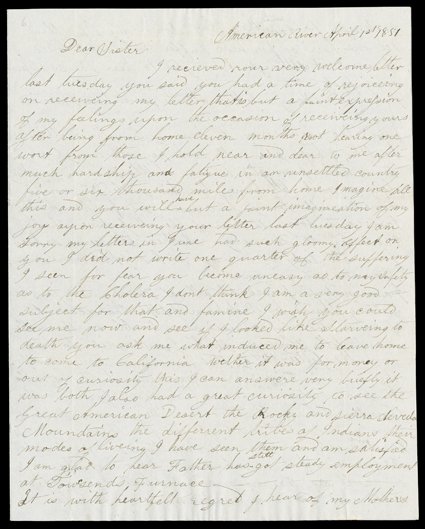 [Vigilance Committee] The Cornock Correspondence 1850-55 a fine group of sixteen letters, accompanied by a few later documents, most from John Cornock, from California and
points on the trail, to his family back in Albany, NY. After initially pl