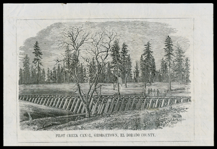 Pilot Creek Canal, Georgetown, El Dorado County, (Baird 87) attractive illustrated lettersheet with Sacremento, July 30th 1854 dateline on the letter, also includes cover with
bold red Sacremento, Cal.Mar 31 datestamp and matching 40 rate