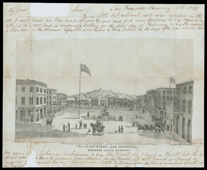 The Grand Plaza, San Francisco, (Baird 92) Moody, B.F. Butlers Lith., Atwill & Co., Publishers, 1850. Three others known in this color and paper combination. Tipped to a sheet
of light gray paper. Integral leaf removed. Pieces out at top and bo
