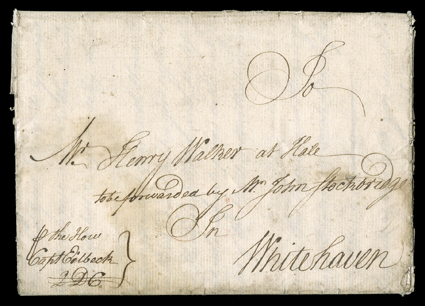 [The Braddock Expedition, Extolling George Washington] Wonderful content letter of Henry Walker datelined Petersburg up Appamatox James River, Virginia, on August 3, 1755.
Addressed to his father at Whitehaven, England, endorsed p the How  Ca