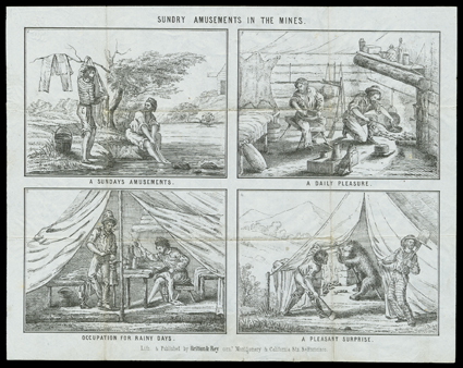 Sundry Amusements in the Mines, (Baird 268) Britton & Rey, (before 3201853). Three known. Paper reinforcements on verso. M.C. Canfield writes to his young son, Church, from
Nevada City, CA, 3201853, in reference to the vignettes on the lette