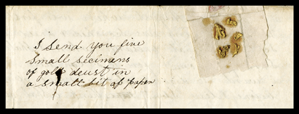 [Georgetown Gold Samples, 1851] Georgetown California May 19th, 1851 dateline on letter from a miner enclosed within a buff cover to Kingston, Tennessee, entered the mails with
red Sacramento, Cal26 May datestamp and matching 40 rate, cover