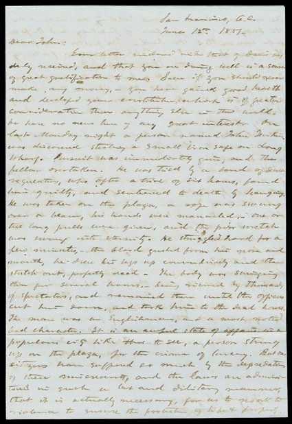 [Vigilance Committee, 1851] Great content autograph letter signed by Frederick Snyder, San Francisco, June 12, 1851, to his brother John in Placerville. On last Monday night a
person named John Jenkins was discovered stealing a small iron safe