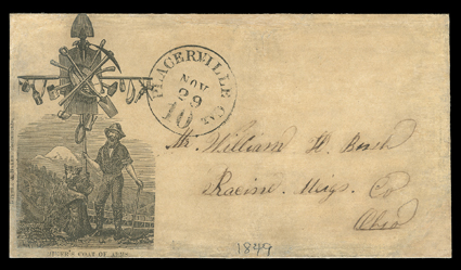 Miners Coat of Arms, comic miners illustrated cover published by Barber & Baker, Sacramento used to Racine, Ohio with well struck Placerville Cal.Nov 2910 integral rate
datestamp, cover expertly restored, very fine appearance.