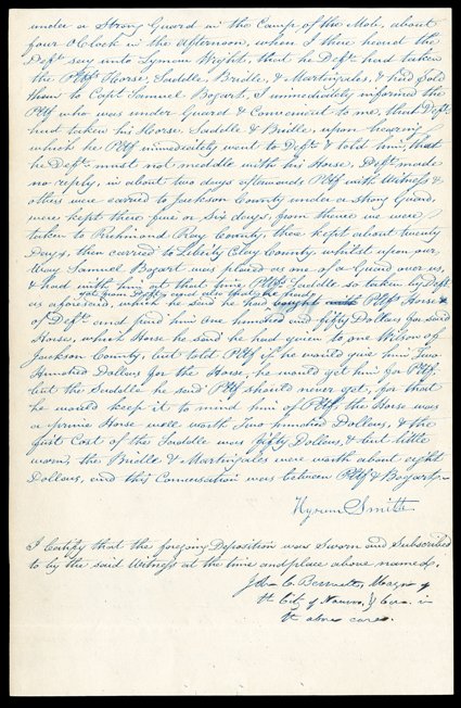 [The Prophets Wife and Brother give statements on property stolen in the 1838 Mormon War], Emma Smith and Hyrum Smith. Remarkable pair of Documents Signed respectively by Emma
Smith, first wife of the Mormon prophet Joseph Smith, and by Hyrum