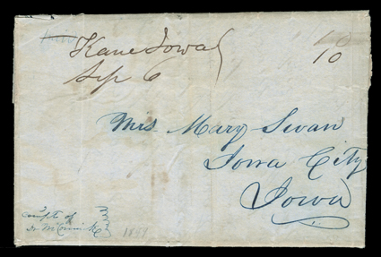 [Babbits Mormon Mails, 1849], folded letter with integral address leaf to Iowa City, Iowa datelined Orrigan Pacific Springs, July 27th 1849 in which the writer, C Swan, states
..I expect Mr. Babbit along with the Mormon mails, entered th