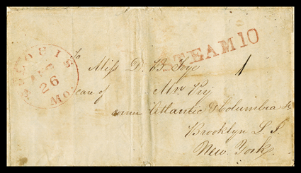 [Kearnys Overland Mail of 1847, from Los Angeles] folded letter with integral address leaf from a soldier to New York datelined Pueblo de los Angeles, Upper California, May 20,
1847, entered the mails with red St. Louis, Mo.Aug 26 datestamp