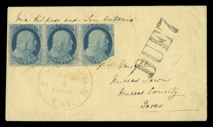 Via El Paso and San Antonio, manuscript directive on small yellow cover intended to be carried on the Jackass route to Nueces, Texas, with right margin horizontal strip of
three 1c Blue, Ty. V (24, right stamp defective) tied by red Jackson,
