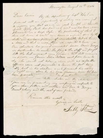 [British Navy Coastal Attacks] Good content pair of 1814 letters recounting attacks by the fearsome British Navy. The first, an incomplete but informative letter written from
Yorktown, VA, July 2, 1814, relates the news that there was (short exce