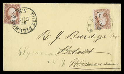 Fort Fillmore, N.M., Aug 29, bold postmark tying 3c Dull red (26, small repair at top left) to yellow cover to Beloit, Wisconsin, forwarded to Syracuse, N.Y. with additional 3c
Dull red (26) tied by Beloit datestamp, fresh and very fine the