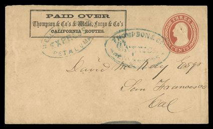 Paid Over Thompson & Co.s & Wells, Fargo & Co.s California Routes, printed frank on 3c Red on buff entire (U10) to San Francisco, with blue oval Wells, Fargo &
Co.ExpressPetaluma and Thompson & Co.sExpressSan Francisco handstamps, fla