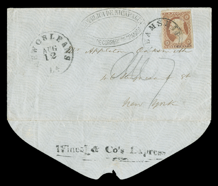 Wines & Co.s Express, handstamp on backflap of cover to New York probably originating in Nicaragua with 3c Dull red (11, pre-usage adhesion on face), ample to huge margins all
around, large double oval Nicaragua postmark applied by Wines an