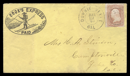 Cooks Express, Paid, snow shoe expressman in the mountains illustrated printed frank on yellow cover to Camptonville, California with 3c Rose (65, pre-affixing crease), entered
the mails with double circle Downie Ville, CalMar 19, 67 datest