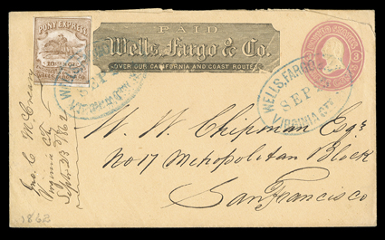 Virginia City Pony Express, Wells, Fargo & Co.printed frank on 3c Pink on buff entire (U35) to San Francisco additionally franked with Wells, Fargo & Co. 10c Brown Pony Express
adhesive (143L7, trivial corner crease at top right), large mar