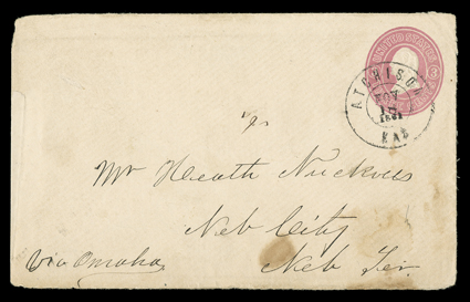 The Central Overland Californi & Pikes Peak Express Company, Denver, K.T., faint but identifiable handstamp on back of 3c Pink entire (U34) to Nebraska City, N.T. with original
letter datelined Central City, November 11, 1861, endorsed Via Om