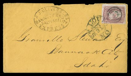 A.J. Oliver & Cos Bannock and Salt Lake City Express, well struck oval handstamp on cover inbound to Bannack City, Idaho with 3c Rose (65, crease) tied by double circle St.
Louis, MoOct 31 datestamp, with original letter datelined at Washin