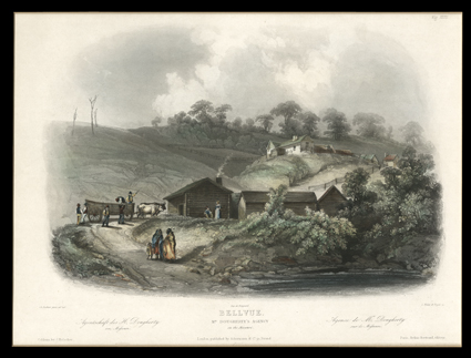 [Bellvue] Aquatint Engraving Bellvue  Mr. Doughertys Agency on the Missouri C. Bodmer, painter, Bougeard, publisher, Salathe, engraver. Holscher in Koblenz, Ackermann in
London, Bertrand in Paris, [1839-40]. Embossed C. Bodmer at bottom. Vi