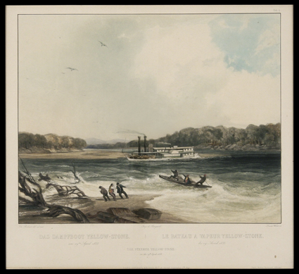 [Yellow Stone] Aquatint Engraving The Steamer Yellow-Stone on the 19th April 1833 C. Bodmer, painter, Bougeard, publisher, Lucas Weber, engraver. Holscher in Koblenz, Ackermann
in London, Bertrand in Paris, 1840. Bodmer blindstamp is presumed,