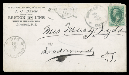 Upper Missouri River steamboat collection of fourteen covers augmented with steamboat illustrated Bills of Lading, letterhead, advertisements, picture post cards and even a
ticket, mostly mounted on exhibition pages, includes Benton corner ca