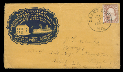Steamboat illustrated cameo corner card in blue for Wilcus, Noble & Co., House, Sign, Steamboat & Ornamental Painters, etc. in St. Louis, Mo. on yellow cover to Newark Valley,
N.Y. franked by 3c Dull red (26) tied by Saint Louis, Mo.Jan 7 1858
