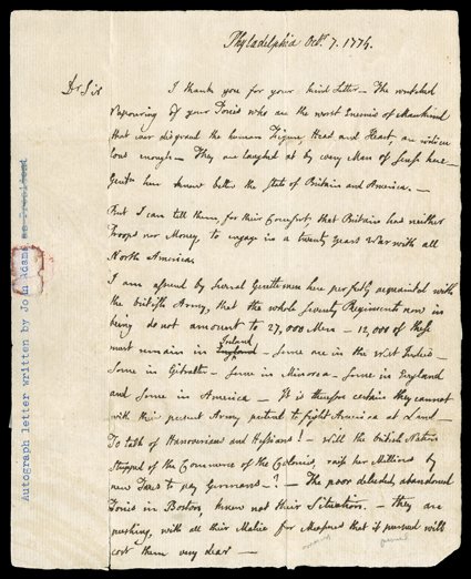 [John Adams Writes from First Continental Congress] Adams, John - Breathtaking content Autograph Letter, unsigned, by John Adams, one page, 4to, Philadelphia, October 7, 1774.
While attending the First Continental Congress, Adams, apparently in r
