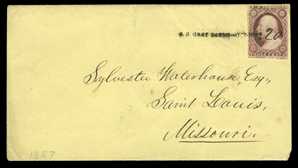 S.B. GREY EAGLE - OCTOBER, small straightline handstamp and manuscript 20 date tying 3c Dull red (26, repaired) to yellow cover to St. Louis, very fine strike also includes a
piece franked by 3c Dull red (11, creased) tied by a bold strike o