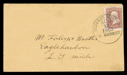 Steamer IllinoisAug 12 1863E Harbor, clear circular handstamp tying 3c Rose (65) to buff cover to Eagleharbor, Michigan, reverse with all-over printed advertisement for both
the Meteor and the Illinois giving schedules, etc., fresh and