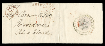 [Treaty of Ghent] ending the War of 1812, December, 1814 folded letter with integral address leaf datelined London 27 Decem. 1814 to Providence, R.I., postmarked on reverse with
excellent strike of scarce Post Paid Withdrawn Ship LetterLondon