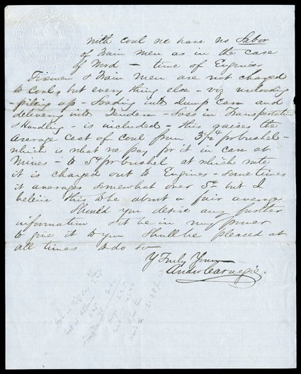 [Pennsylvania Railroad, Carnegie], Carnegie at age 24 presents the costs of wood fuel vs. coal. Very early Autograph Letter Signed Andw. Carnegie as Superintendent of the
Pennsylvania Rail Roads Western Division, 2 pages on one sheet, 4to, on