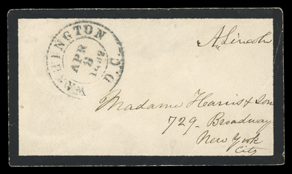 [Abraham Lincoln Free Frank] on mourning cover, bold A. Lincoln frank as President on small cover addressed in the hand of Mary Todd Lincoln to the wife of Senator Ira Harris
of New York in New York City, double circle Washington, D.C.Apr
