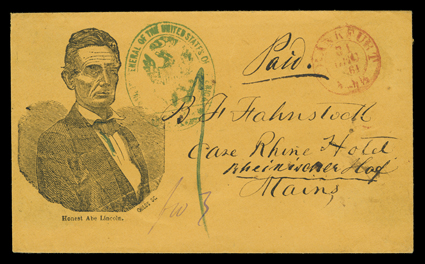 Beardless Lincoln portrait, design published by McNally & Co. with Honest Abe Lincoln imprint on orange cover used within Germany to Mains, blue oval Consular General of the
United States of America cachet, red Frankfurt31 Dec 1861 datesta