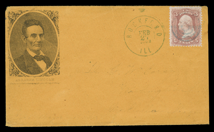 Beardless Lincoln portrait, design published by Ed Mendel of Chicago on orange cover to Washington, D.C. with 3c Rose (65) cancelled by blue target, with matching double circle
Rockford, IllFeb 27, 1862 datestamp alongside, slightly reduced a