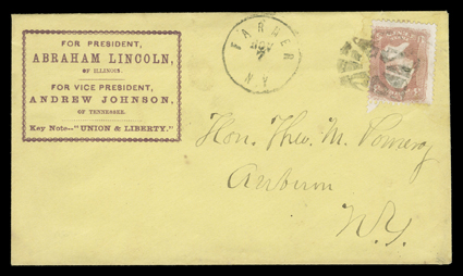 Lincoln and Johnson, printed 1864 campaign corner card cover in purple with all over Union Party Platform text on reverse published by Lyon and Whittemore of New York to
Auburn, N.Y. with 3c Rose (65) tied by segmented cork cancel, matching F