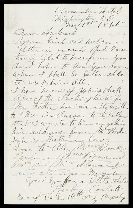 [Booths Death - Corbett and Doherty Letters] Rare Autograph Letter Signed by the man who shot John Wilkes Booth: Boston Corbett  Sergt. Co. L. 16th NY Cavalry, 1 page, 8vo,
Washington, May 1, 1865. Just a week after killing the assassin,