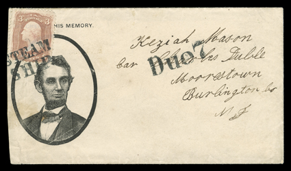 Lincoln mourning cover, Lincoln portrait in black oval mourning design cover with We Cherish His Memory slogan on cover to Moorestown, N.J. with 3c Rose (65) tied by two-line
straightline STEAMSHIP cancel of New York, matching Due 7 hands