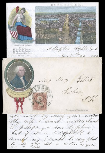 George Washington, Magnus multicolored portrait design cover used to Lisbon, N.H. with 3c Rose (65) tied by double circle Washington, D.C.Sep 27, 1862 datestamp, with original
letter on Magnus illustrated multicolored view of Rochester design