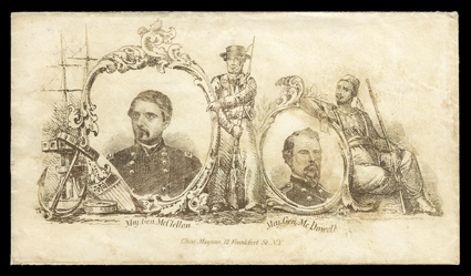 Maj. Gen. McClelland and Maj. Gen. McDowell, dual portrait design cover by Magnus, in brown, used to Apollo, Pa., addressed and franked on reverse by 3c Rose (65, crease) tied
by indistinct 1863 datestamp, very fine, handsome and rare design.