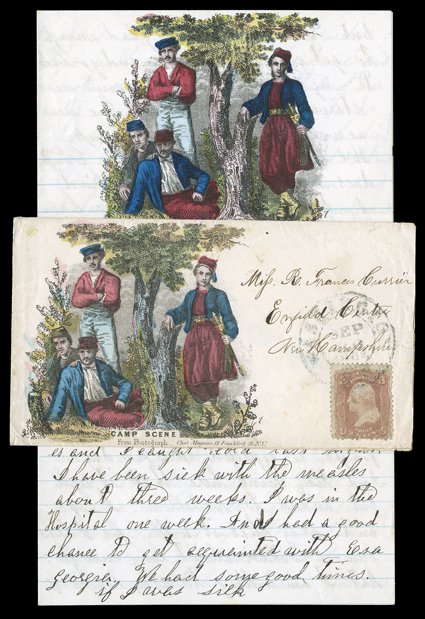 Camp Scene, handsome multicolor Magnus design cover used to Enfield Center, N.H. with 3c Rose (65, crease) tied by double circle Washington, D.C.Sep 30, 1862 datestamp, fresh
and very fine paired with a matching Magnus illustrated lettershee