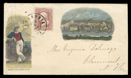 U.S. Navy Yard and Sailor, dual vignette, multicolored Magnus design cover used to Claremont, N.H. with 3c Rose (65, crease) tied by double circle Alexandria, VaFeb 4, 1863
datestamp, slightly reduced at right and trivial sealed tear at botto